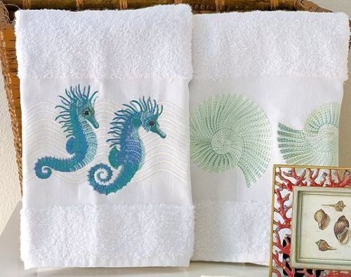 Embroidered Seahorse And Nautilus Towels - Nautical Luxuries