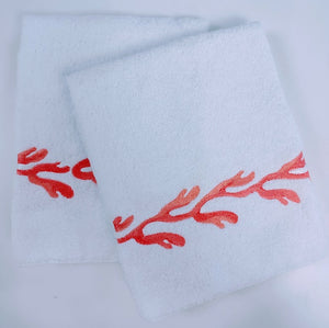 Embroidered Coral Branch Hand Towels - Nautical Luxuries