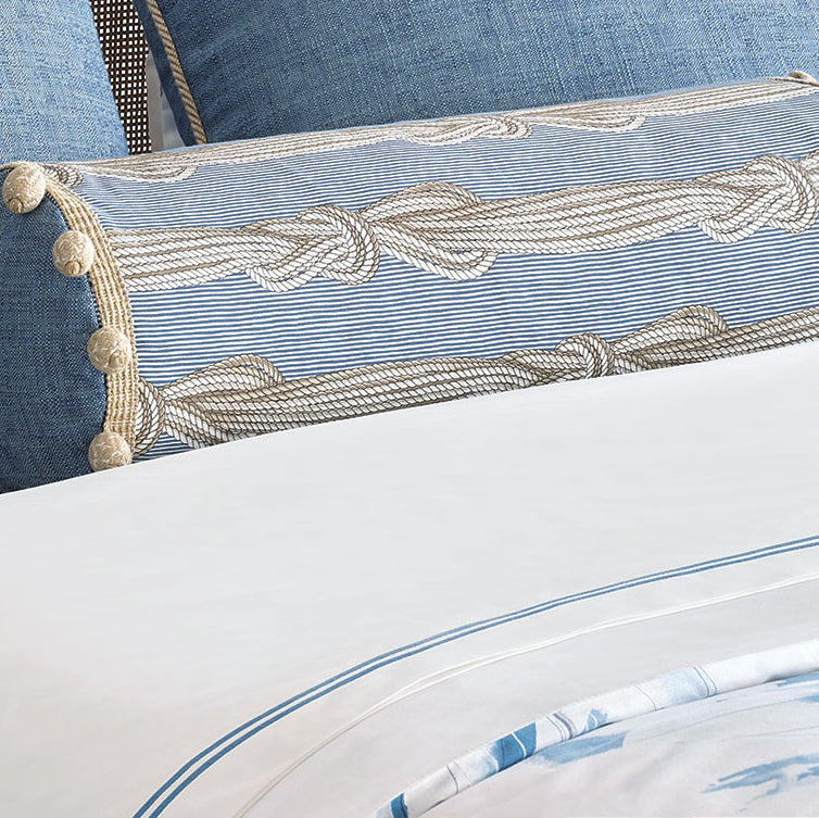 Double Striped Ocean Blue Satin Stitch Sheet Set - Nautical Luxuries