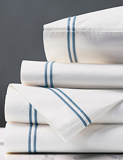 Double Striped Ocean Blue Satin Stitch Sheet Set - Nautical Luxuries