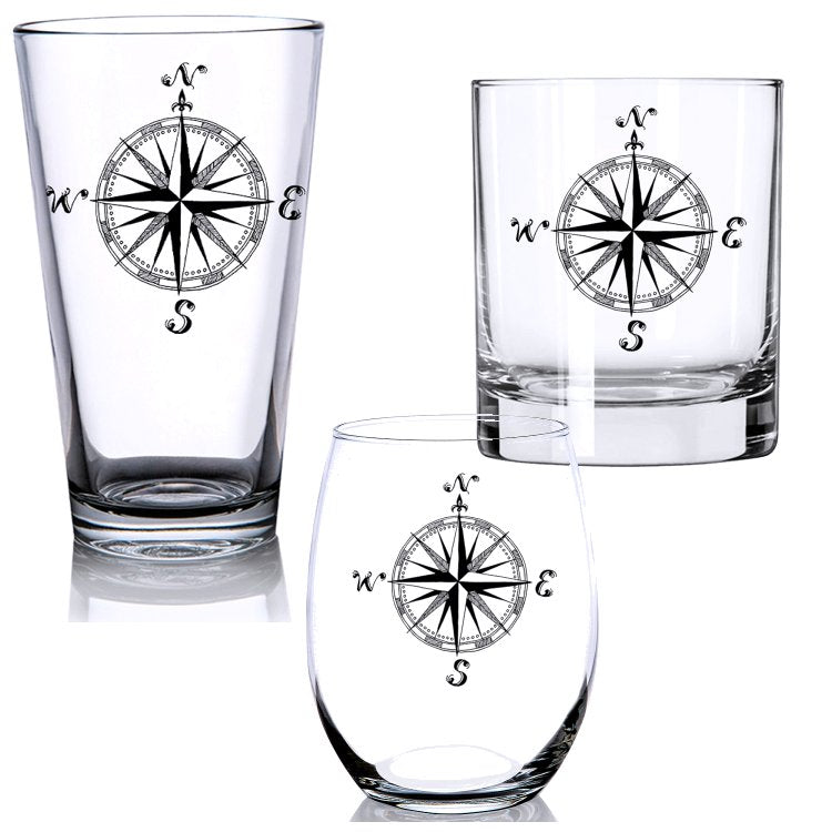 Vintage Compass Rose Glass Barware - Nautical Luxuries