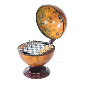 Old World Antique Mahogany Globe Tabletop Chess Set