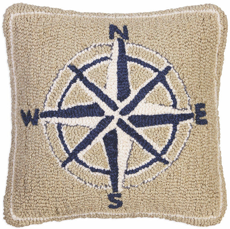 Vintage Compass Rose Hooked Wool Pillow