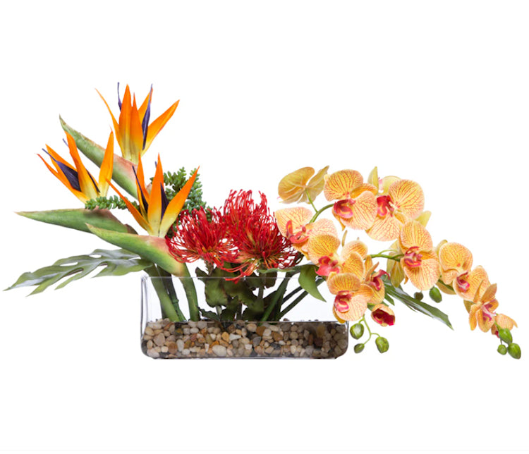 Mixed Tropical Blooms Narrow Centerpiece Yacht Silks Arrangement - Nautical Luxuries
