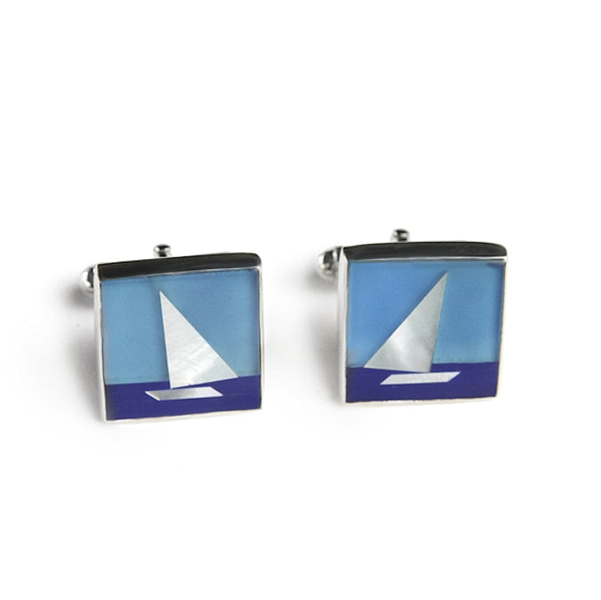 Lapis, Onyx & Mother of Pearl Sailboat Cufflinks - Nautical Luxuries