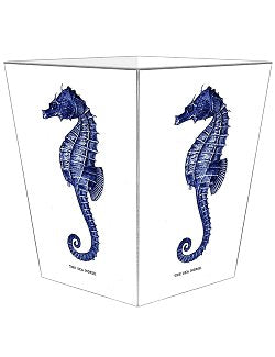 Indigo Seahorse Decoupage Wood Wastebasket - Nautical Luxuries