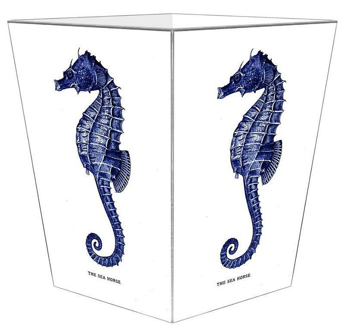 Indigo Seahorse Decoupage Wood Wastebasket - Nautical Luxuries