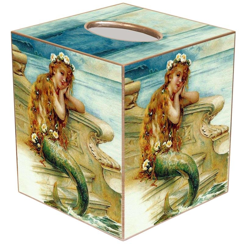 Sea Flower Mermaid Decoupage Wood Tissue Box - Nautical Luxuries