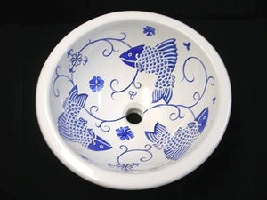 Old Delft Blue Fish Design Coastal Sink - Nautical Luxuries