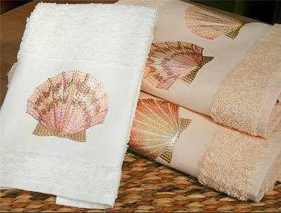 Embroidered Shells And Coral Towels