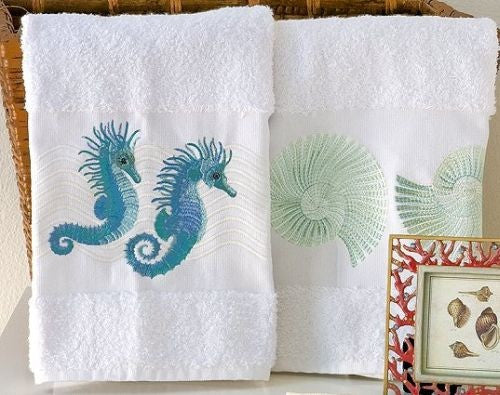 Embroidered Seahorse And Nautilus Towels - Nautical Luxuries