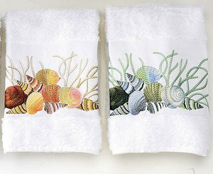 Embroidered Shells And Coral Towels - Nautical Luxuries