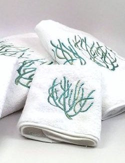 Luxury Plush Embroidered Coral Towels & Mats - Nautical Luxuries