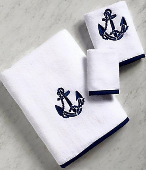  Anchor Bath Hand Towel 2 Pcs Absorbent Nautical White