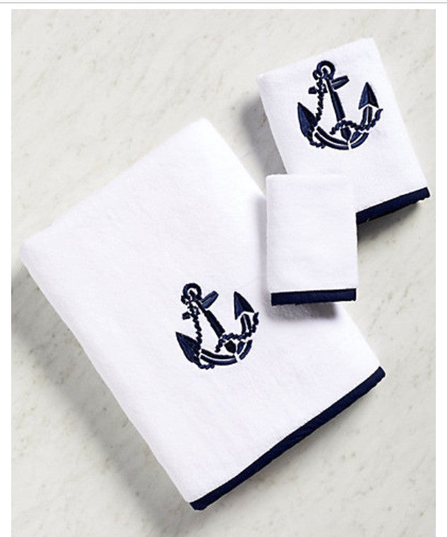 Bias Trim Embroidered Anchor Towel Set - Nautical Luxuries