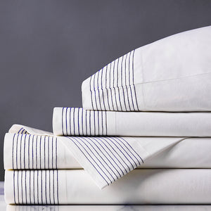 Tidal Stripe Navy Chain Stitch Sheet Set - Nautical Luxuries