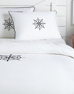 Luxe Nautique Bedding: Embroidered Ship's Wheel Bedding - Nautical Luxuries