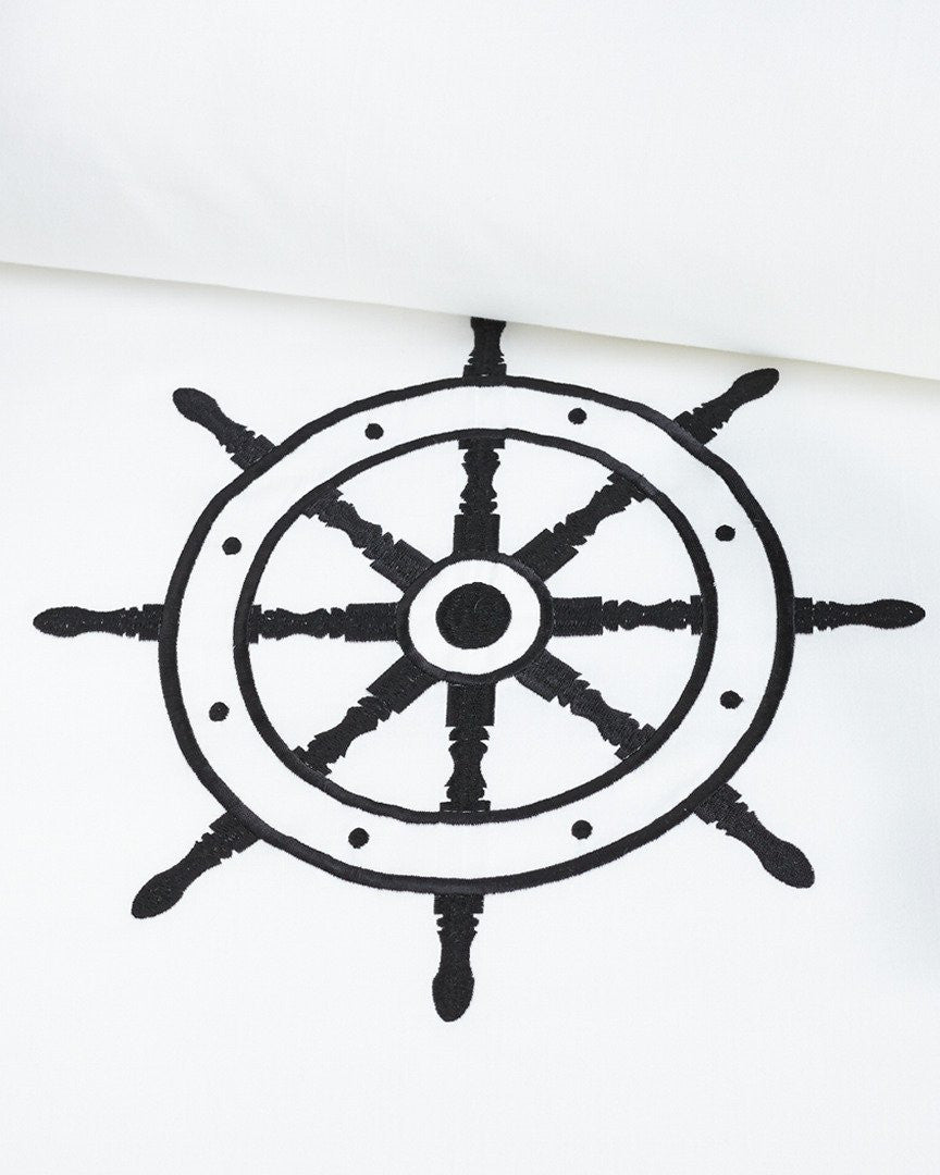 Luxe Nautique Bedding: Embroidered Ship's Wheel Bedding - Nautical Luxuries