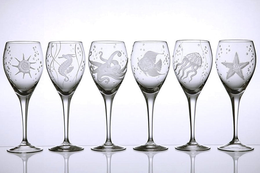 Sea Life Bohemian Crystal 6-Pc. Wine Goblet Set - Nautical Luxuries