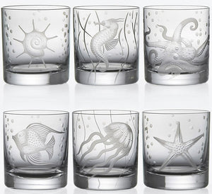 Sea Life Bohemian Crystal 6-Pc. DOF/Rocks Glass Sets - Nautical Luxuries