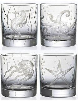 Sea Life Bohemian Crystal 6-Pc. DOF/Rocks Glass Sets - Nautical Luxuries