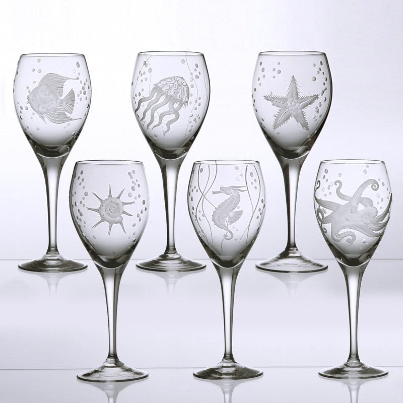 Sea Life Bohemian Crystal 6-Pc. Wine Goblet Set - Nautical Luxuries