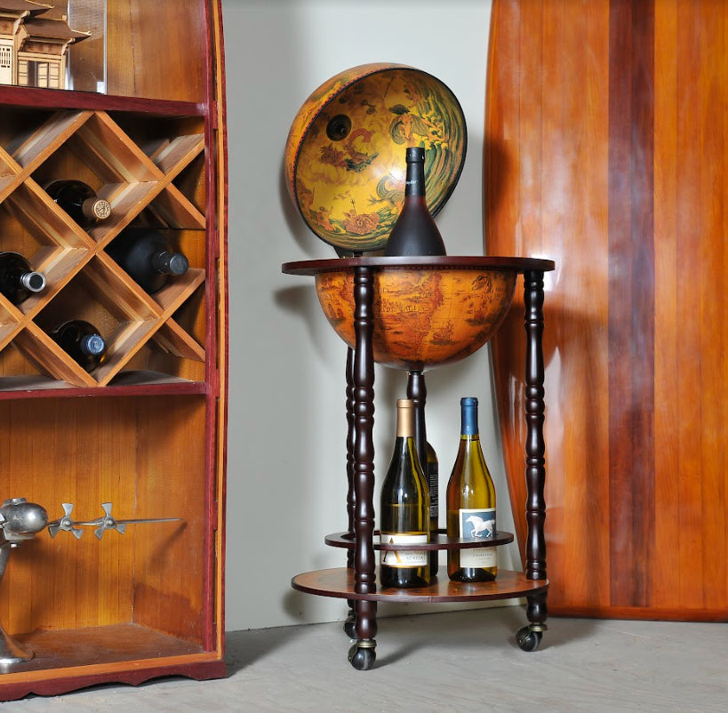 Old World Slender Floor-Standing Base Shelf Globe Bar - Nautical Luxuries
