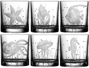 Sea Creatures Hand Engraved Varga Crystal 6-Pc. DOF/Rocks Glass Sets - Nautical Luxuries