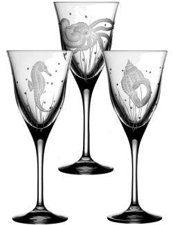 Sea Creatures Hand Engraved Varga Crystal 6-Pc. Water Glass Set - Nautical Luxuries