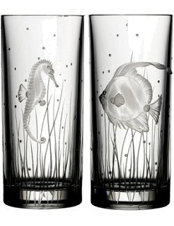Sea Creatures Hand Engraved Varga Crystal 6-Pc. Hi-Ball Glass Sets - Nautical Luxuries