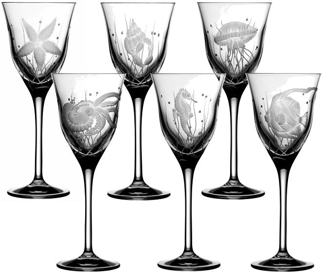 Sea Creatures Hand Engraved Varga Crystal 6-Pc. Wine Glass Set - Nautical Luxuries