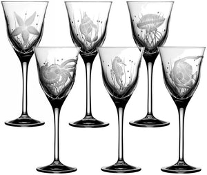 Sea Creatures Hand Engraved Varga Crystal 6-Pc. Wine Glass Set - Nautical Luxuries