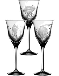 Sea Creatures Hand Engraved Varga Crystal 6-Pc. Wine Glass Set - Nautical Luxuries