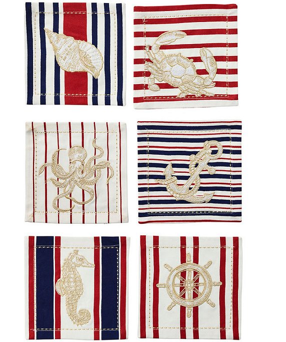 Nautical Motif Embroidered Cocktail Napkin Set - Nautical Luxuries