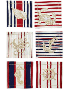 Nautical Motif Embroidered Cocktail Napkin Set - Nautical Luxuries