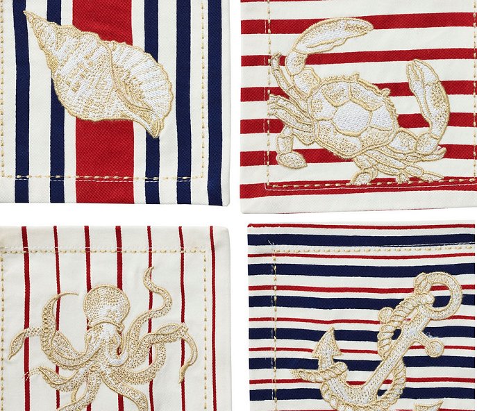 Nautical Motif Embroidered Cocktail Napkin Set - Nautical Luxuries
