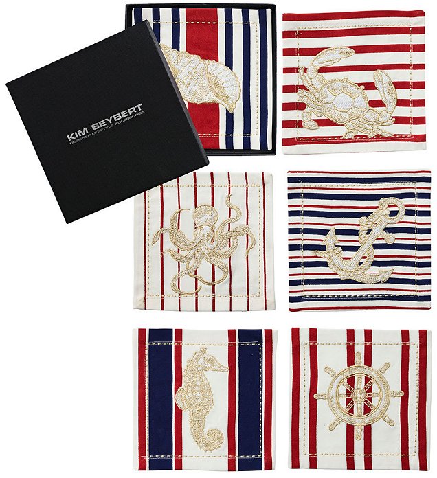 Nautical Motif Embroidered Cocktail Napkin Set - Nautical Luxuries