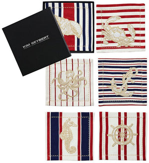 Nautical Motif Embroidered Cocktail Napkin Set - Nautical Luxuries
