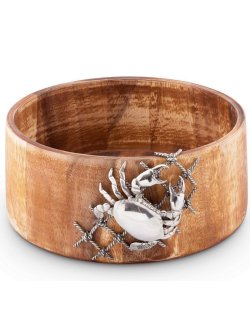 Netted Crab Acacia Wood Salad Serving Bowl - Nautical Luxuries