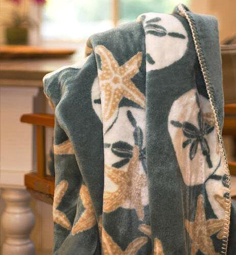 Luxury  Double-Plush Starfish & Sand Dollar Coastal Throw - Nautical Luxuries