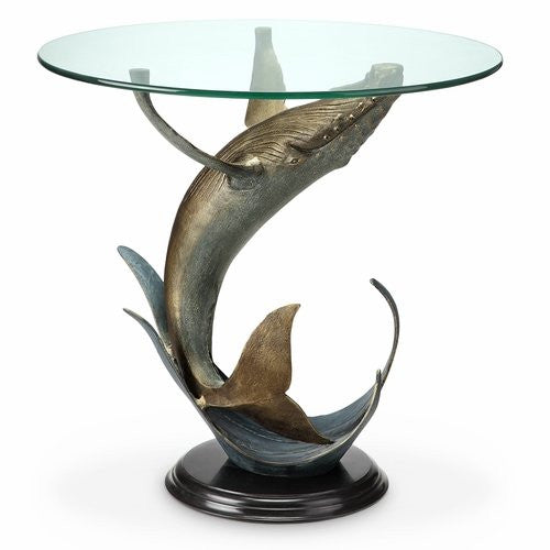 Breaching Whale Glass Top Coastal Accent Table - Nautical Luxuries
