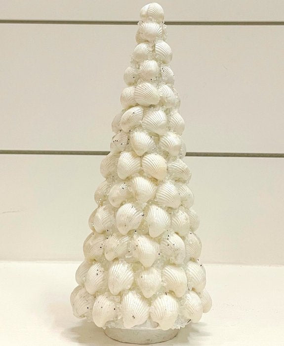 Winter Iced Clamrose Shell Coastal Tabletop Tree - Nautical Luxuries