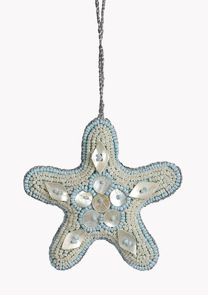 Heirloom Hand-Beaded 6-Pc. Seashell Ornament Set - Arctic Ice Blue - Nautical Luxuries