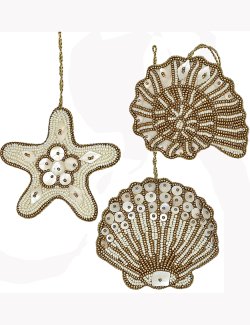 Heirloom Hand-Beaded 6-Pc. Seashell Ornament Set - Golden Dunes - Nautical Luxuries