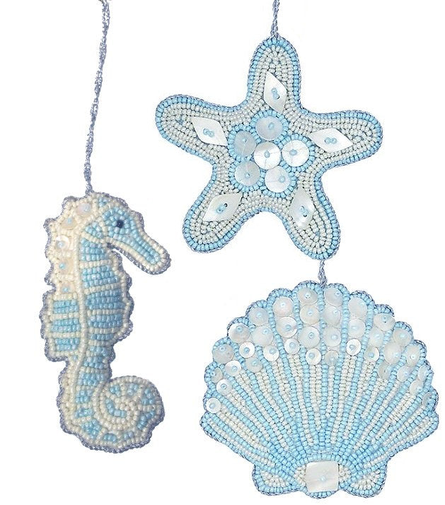 Heirloom Hand-Beaded 6-Pc. Seashell Ornament Set - Arctic Ice Blue - Nautical Luxuries