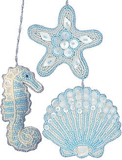 Heirloom Hand-Beaded 6-Pc. Seashell Ornament Set - Arctic Ice Blue - Nautical Luxuries