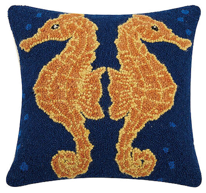 Stately Seahorses Hooked Wool Pillow - Nautical Luxuries