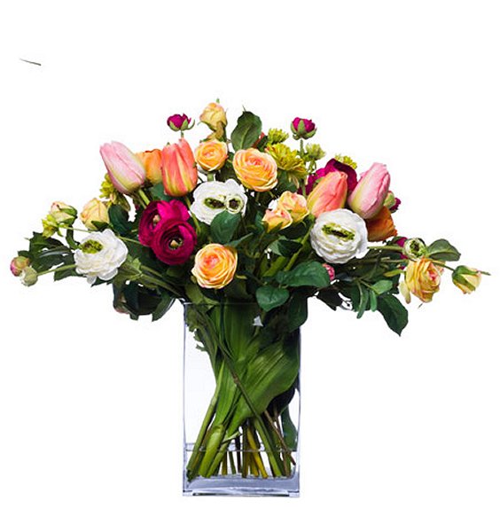 Mixed Tulips & Ranunculus Blooms In Glass Vase Yacht Silks - Nautical Luxuries