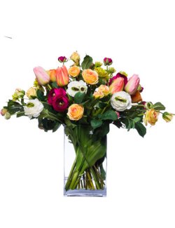 Mixed Tulips & Ranunculus Blooms In Glass Vase Yacht Silks - Nautical Luxuries