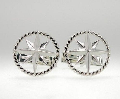 Rope Ringed Sterling Silver Compass Rose Cufflinks - Nautical Luxuries